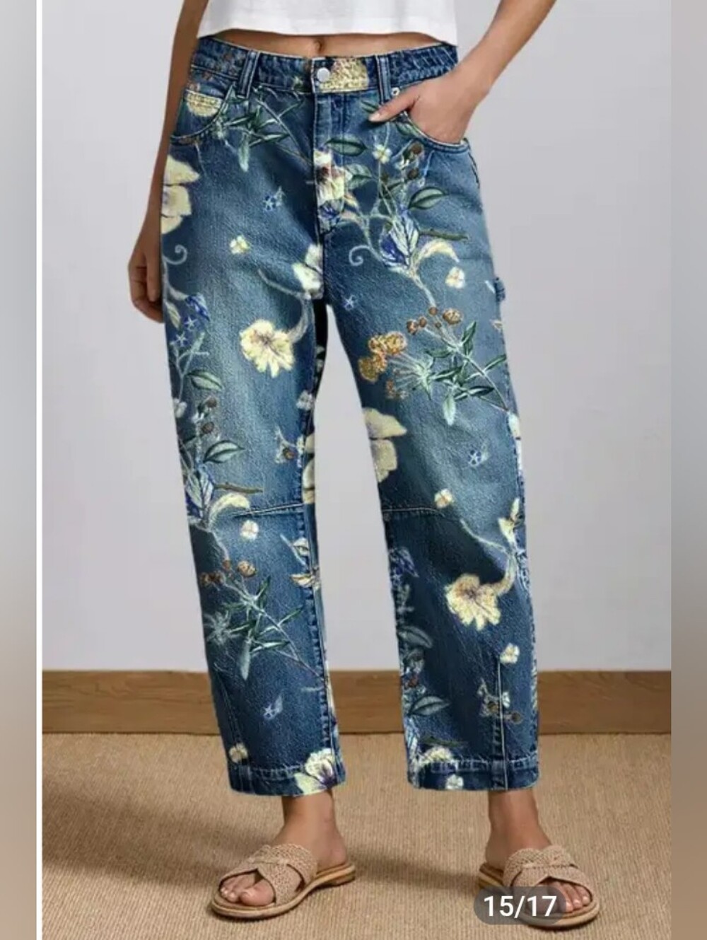 Flamingals Floral Print Flap Pocket Mid Rise Barrel Leg Crop Jeans NWT